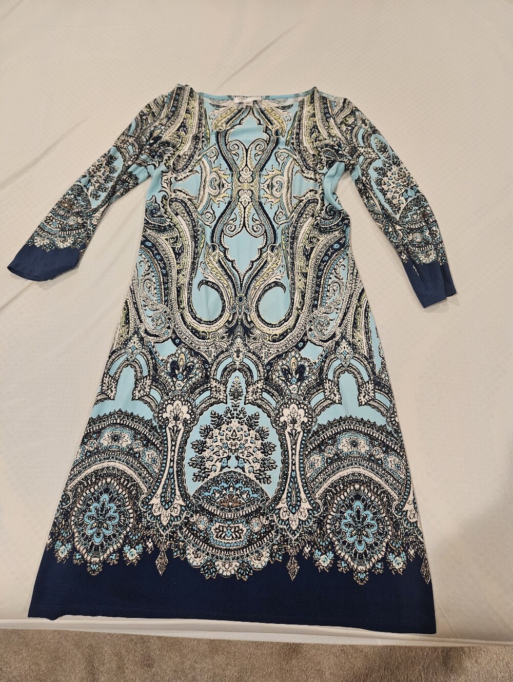 London Style Aqua and Navy Paisley Print Long Sleeve Dress Size 4
